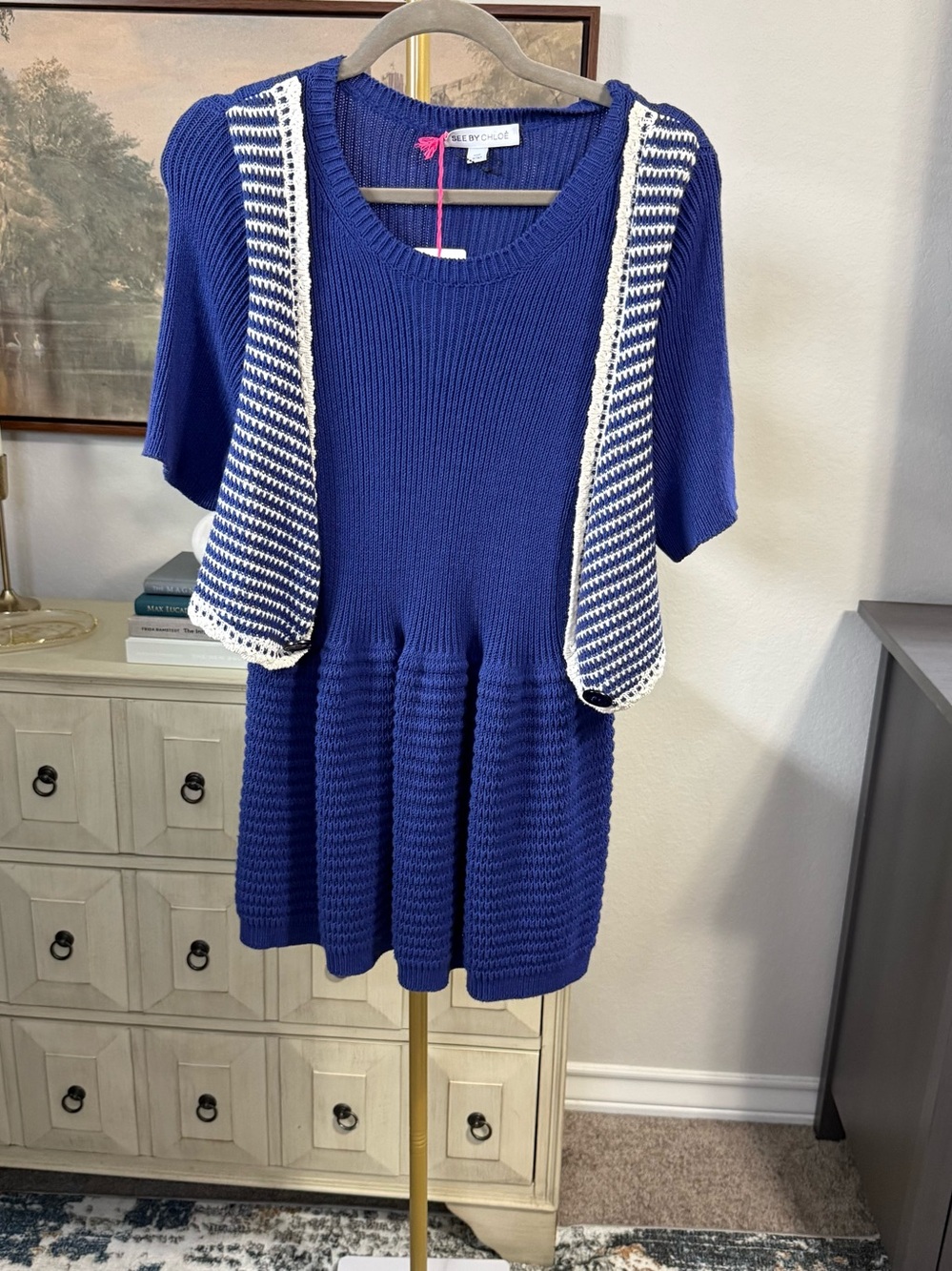 See By Chloe Royal Blue Knit Dress with Striped Vest Accent MSRP $ 328.00